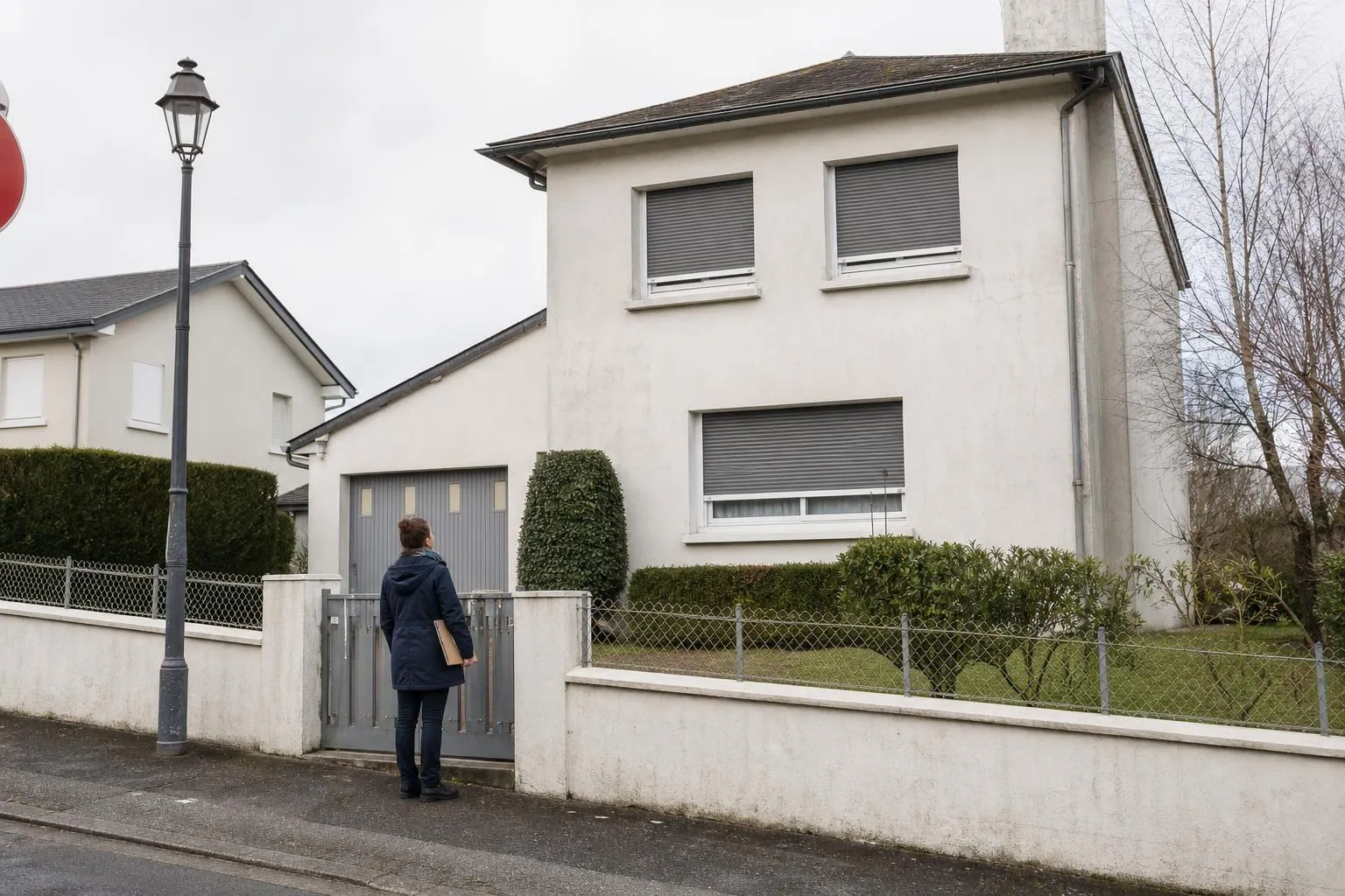 Facade d'une maison individuelle de lotissement des annees 1970 observee depuis le trottoir