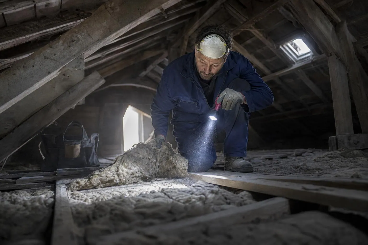 Diagnostiqueur inspectant l isolation des combles d une maison ancienne a la lampe torche