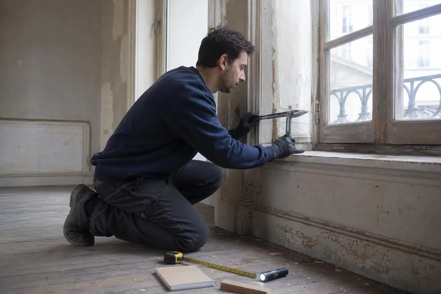 Diagnostiqueur mesurant une menuiserie ancienne dans un logement vide aux murs clairs