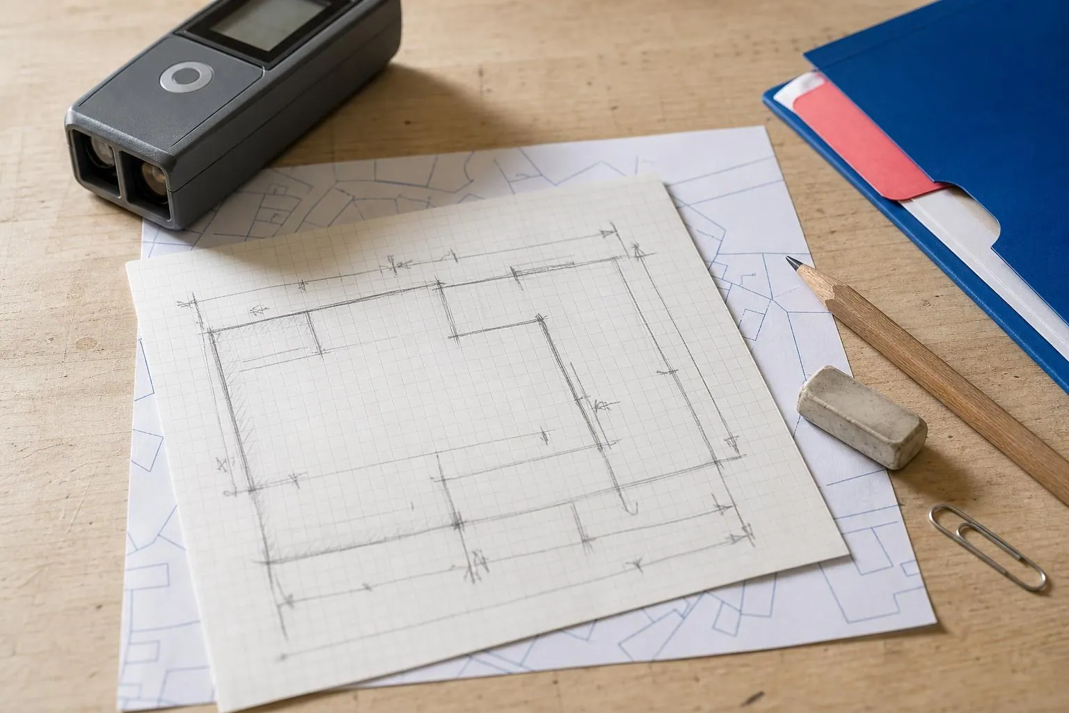 Gros plan sur un croquis de releve cote pose a cote d un telemetre laser et d un crayon de menuisier