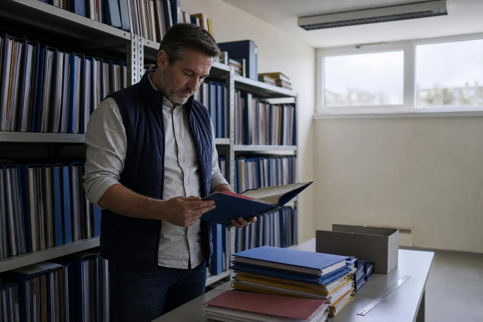 Responsable qualite d'un cabinet de diagnostic triant des chemises de dossiers dans une salle d'archives claire