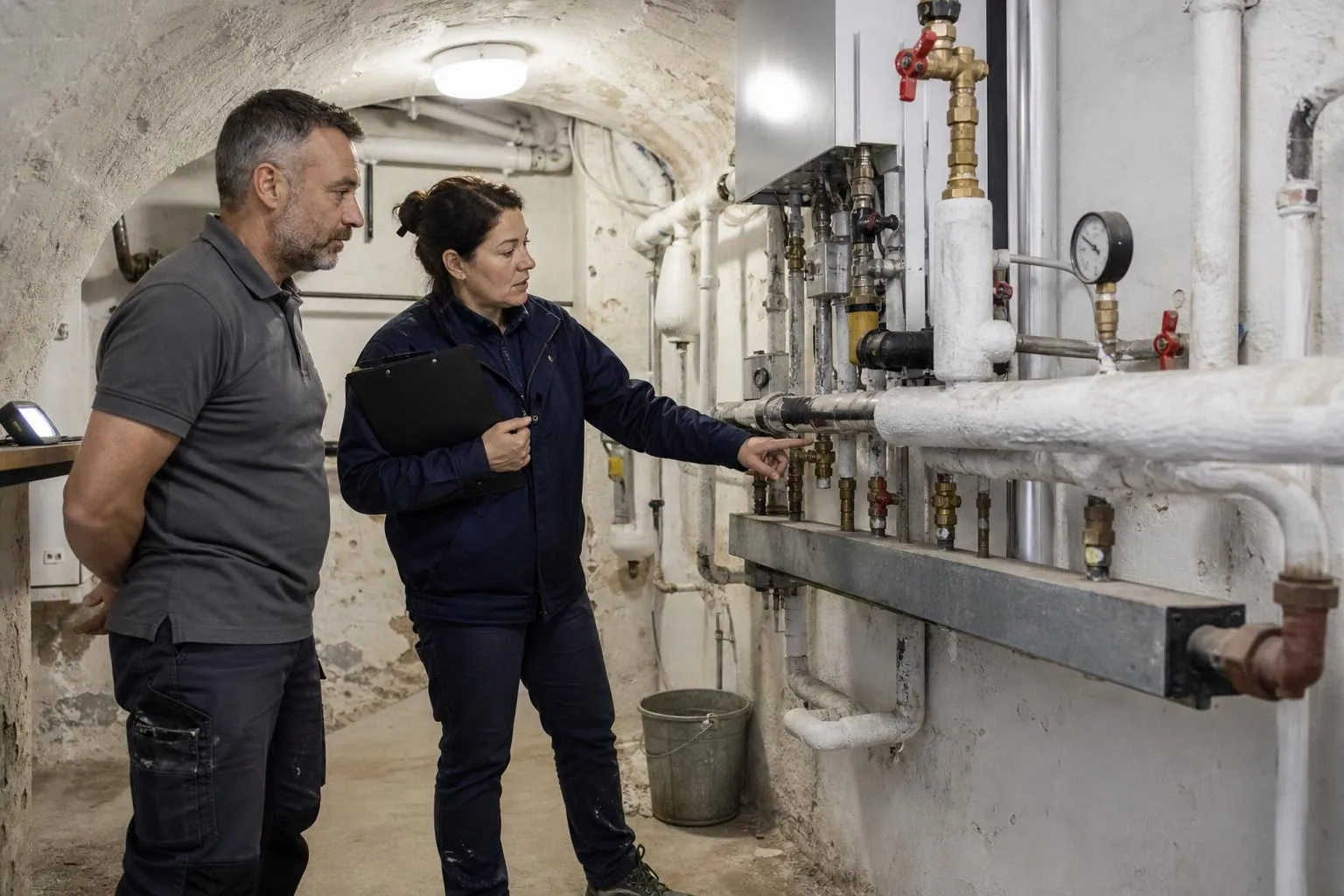 Deux professionnels du diagnostic verifient un tableau electrique et un compteur dans une chaufferie collective