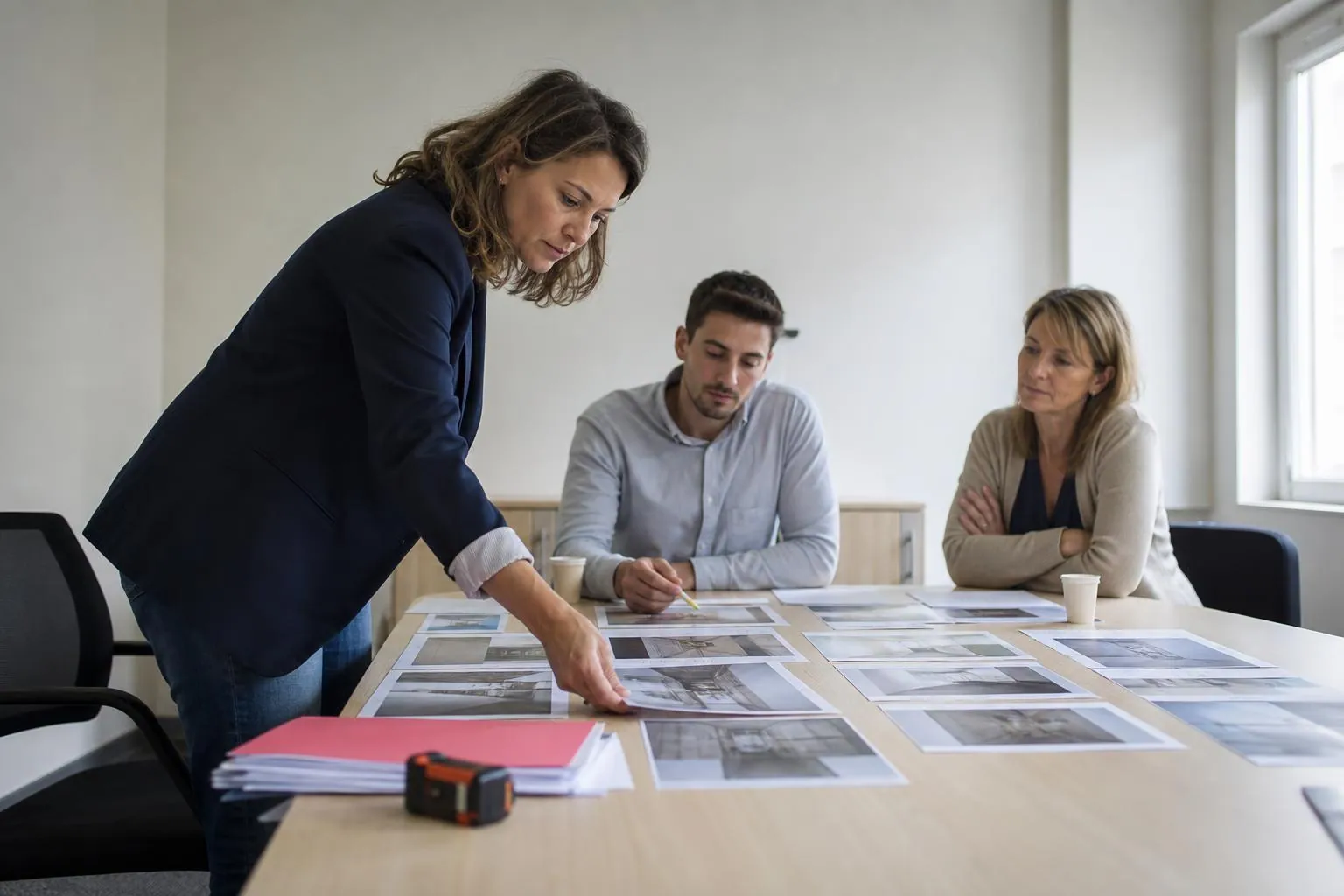 Reunion de relecture autour d'une table couverte de tirages de rapports dans un bureau clair