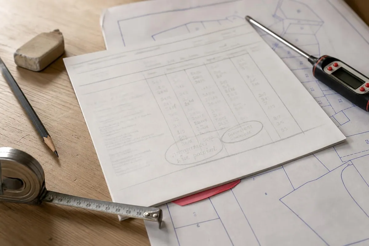 Gros plan d’une fiche de relevé de diagnostic annotée au crayon posée sur un extrait de plan parcellaire imprimé