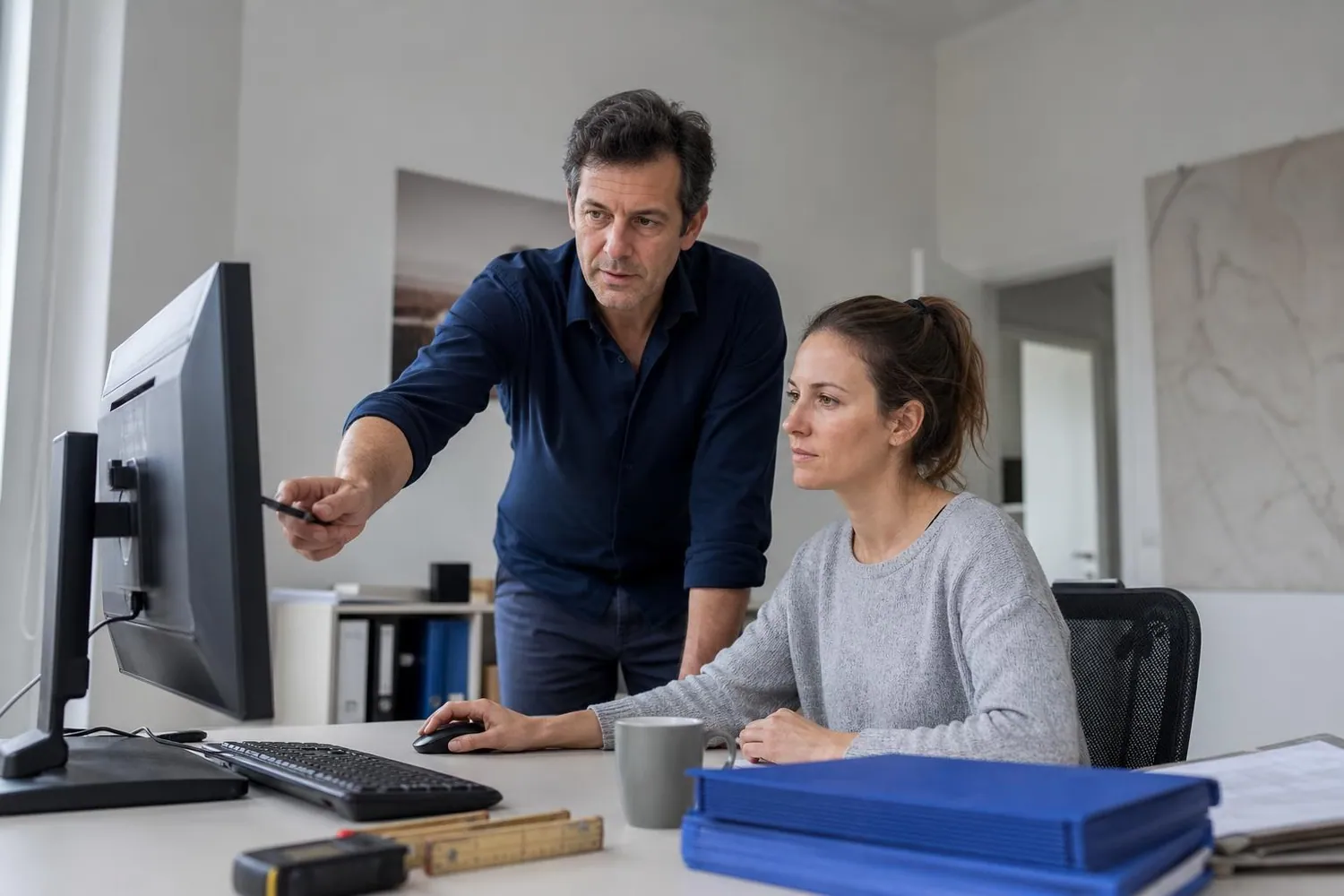 Deux professionnels du diagnostic immobilier relisent des rapports affichés sur un écran dans un bureau clair de cabinet français